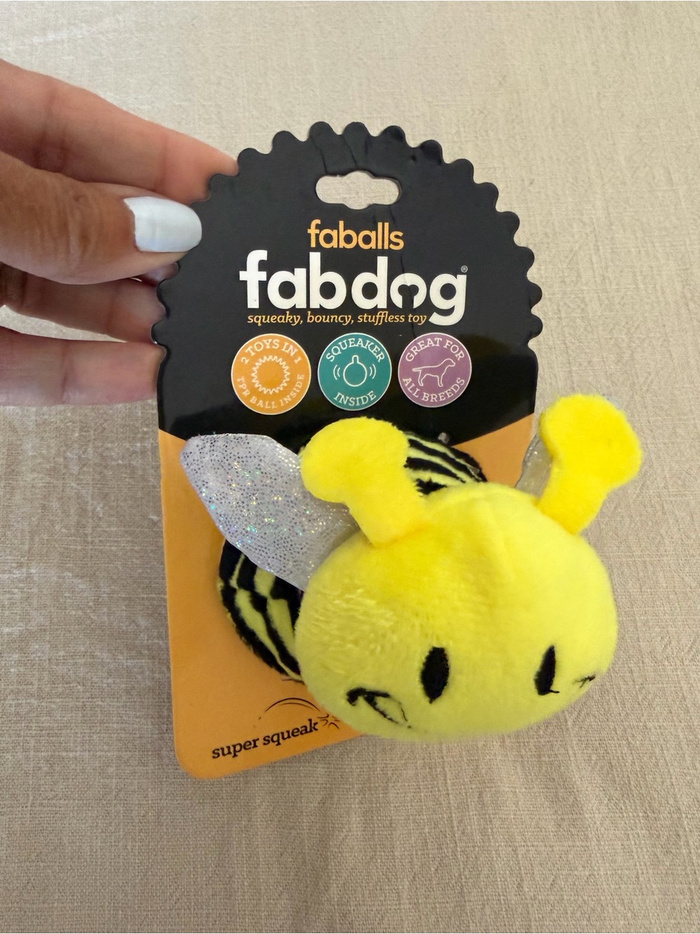 Fabdog Yellow Bee Plush Dog Toy with Squeaker